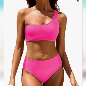 NWT Tempt Me One Shoulder Pink Bikini Swim Set
